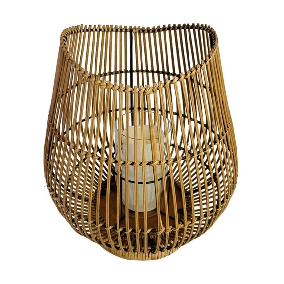 Boho Bamboo Candle Holder Lantern Glass Insert 16" Curved Rustic Home Decor Tabl - Picture 9 of 16